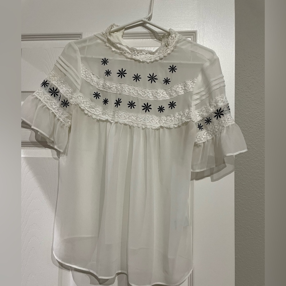 SPRING 2026 Sheer trend! LC Sheer White Blouse with Black Floral Embroidery